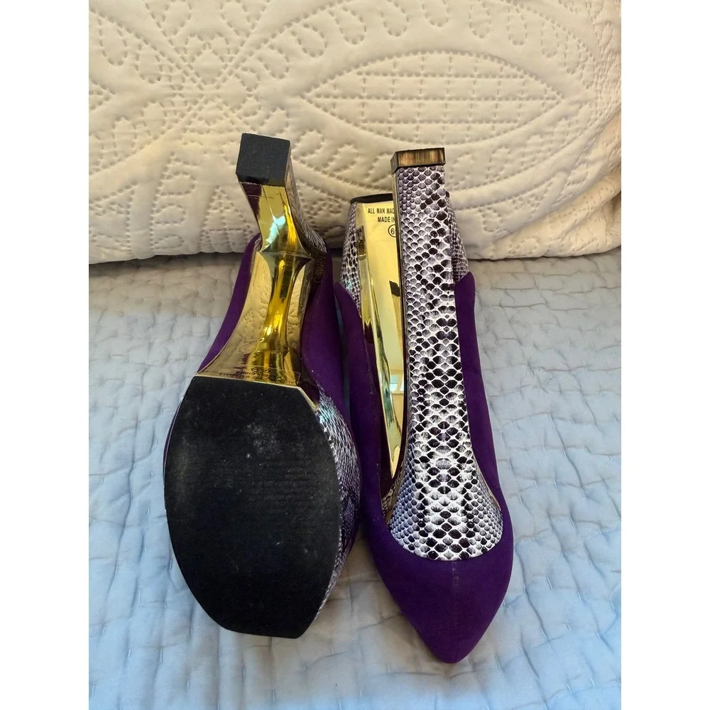 RH Purple Faux Suede Snakeskin Platform Peep Toe Heels Metallic Gold Accent 6.5
